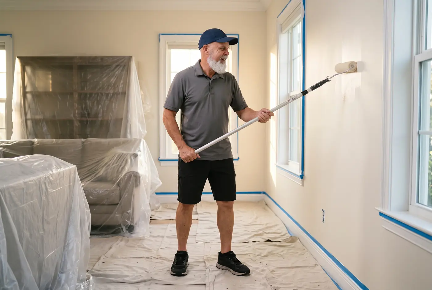 A painter's roller and tray beside a freshly painted wall in a bright Cape Coral room