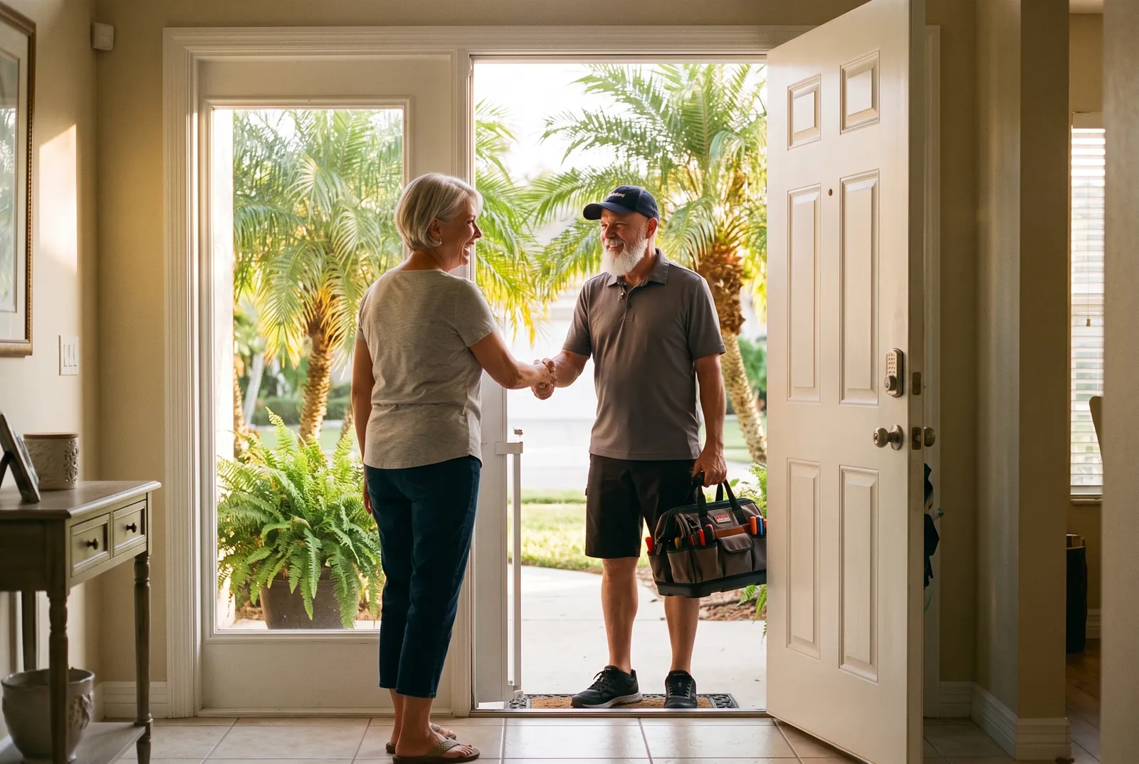 Jimmy greeting a homeowner at her front door