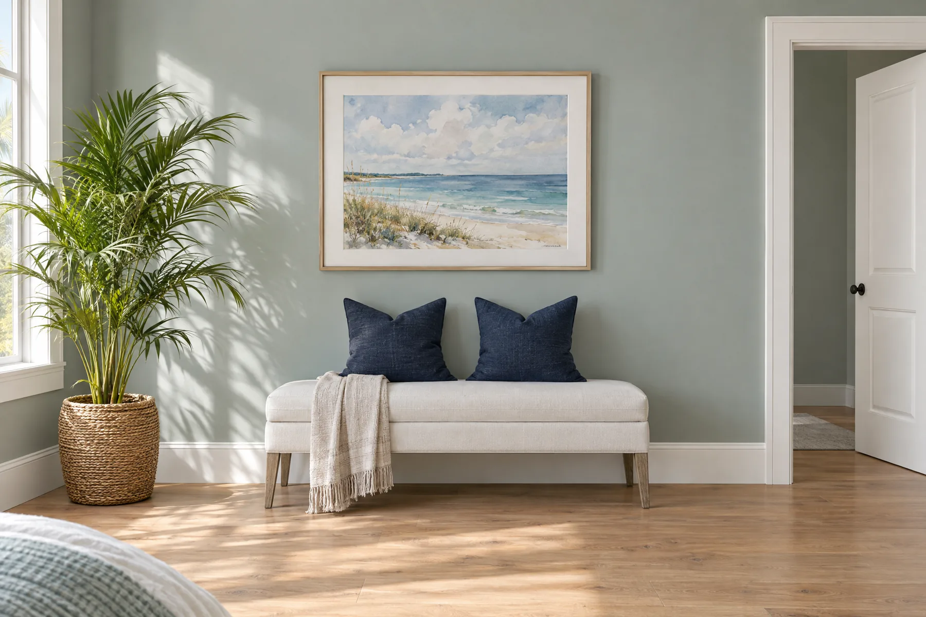 The same wall freshly painted sea-glass green with crisp white trim