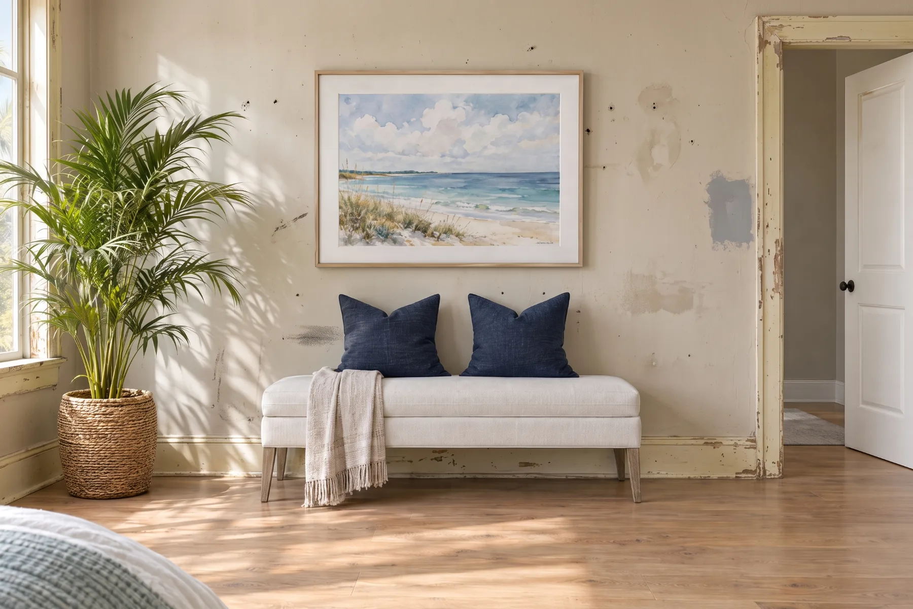 A bedroom wall with dingy, scuffed beige paint and an unpainted patch